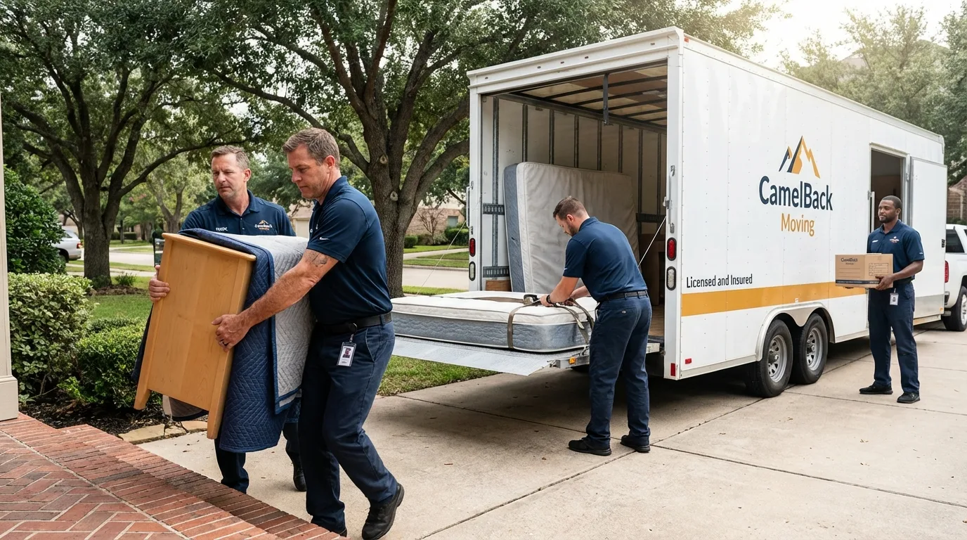 Crew loading residential truck for cross-state move from Bloomer, WI