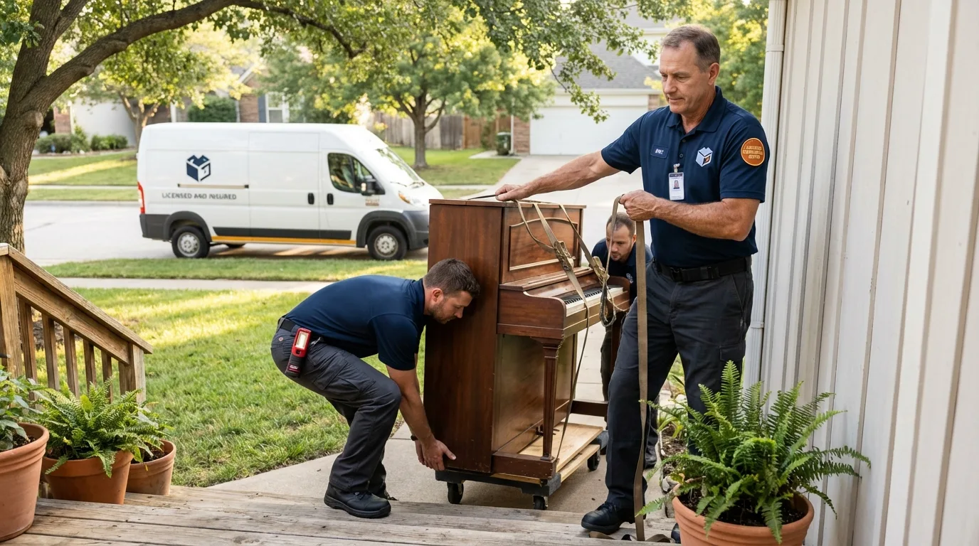 Licensed piano movers securing grand piano in Bloomer, WI