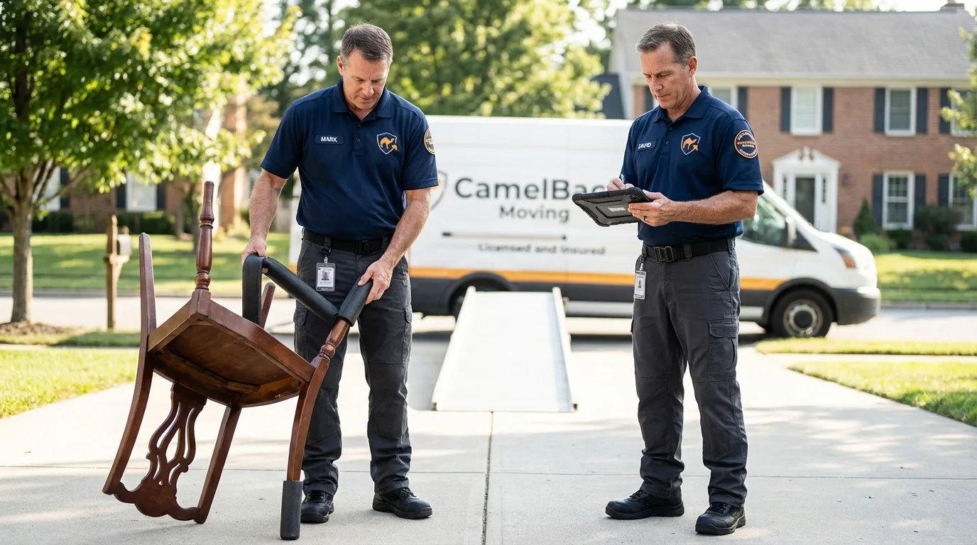 Movers inspecting furniture for damage prevention before loading in Bloomer, WI