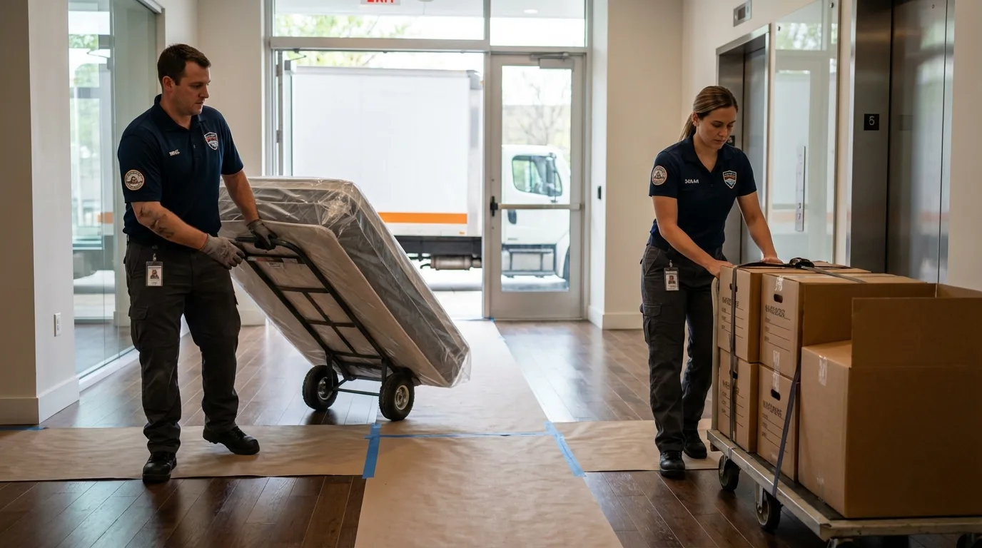 Professional apartment movers loading elevator in Bloomer, WI
