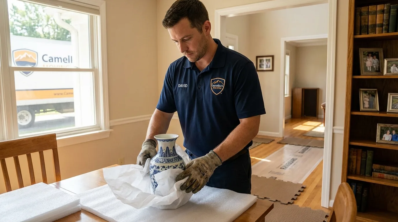 Professional crew carefully wrapping antique vase for senior downsizing move in Bloomer, WI